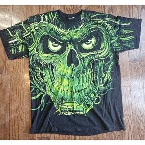 Vintage 1998 Liquid Blue Terminator Skull All Over Print Graphic T Shirt Size XL